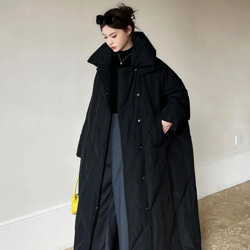Women's mid-length winter coat, loose fit, zip front, black or grey, sizes S M L