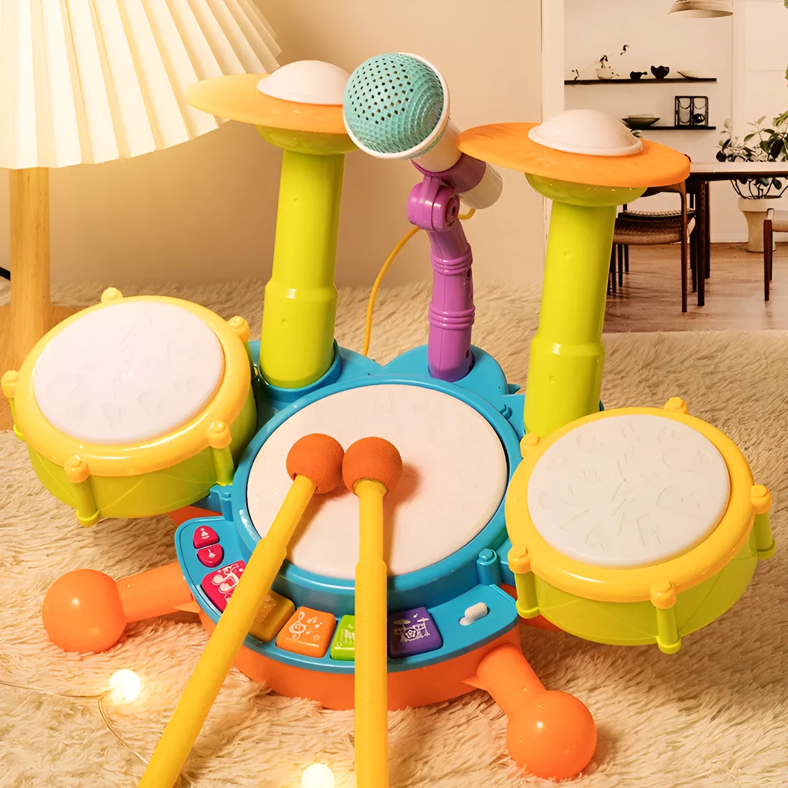 Yellow plastic hand tapping electronic drum toy for infants 0-3 years white box packaging