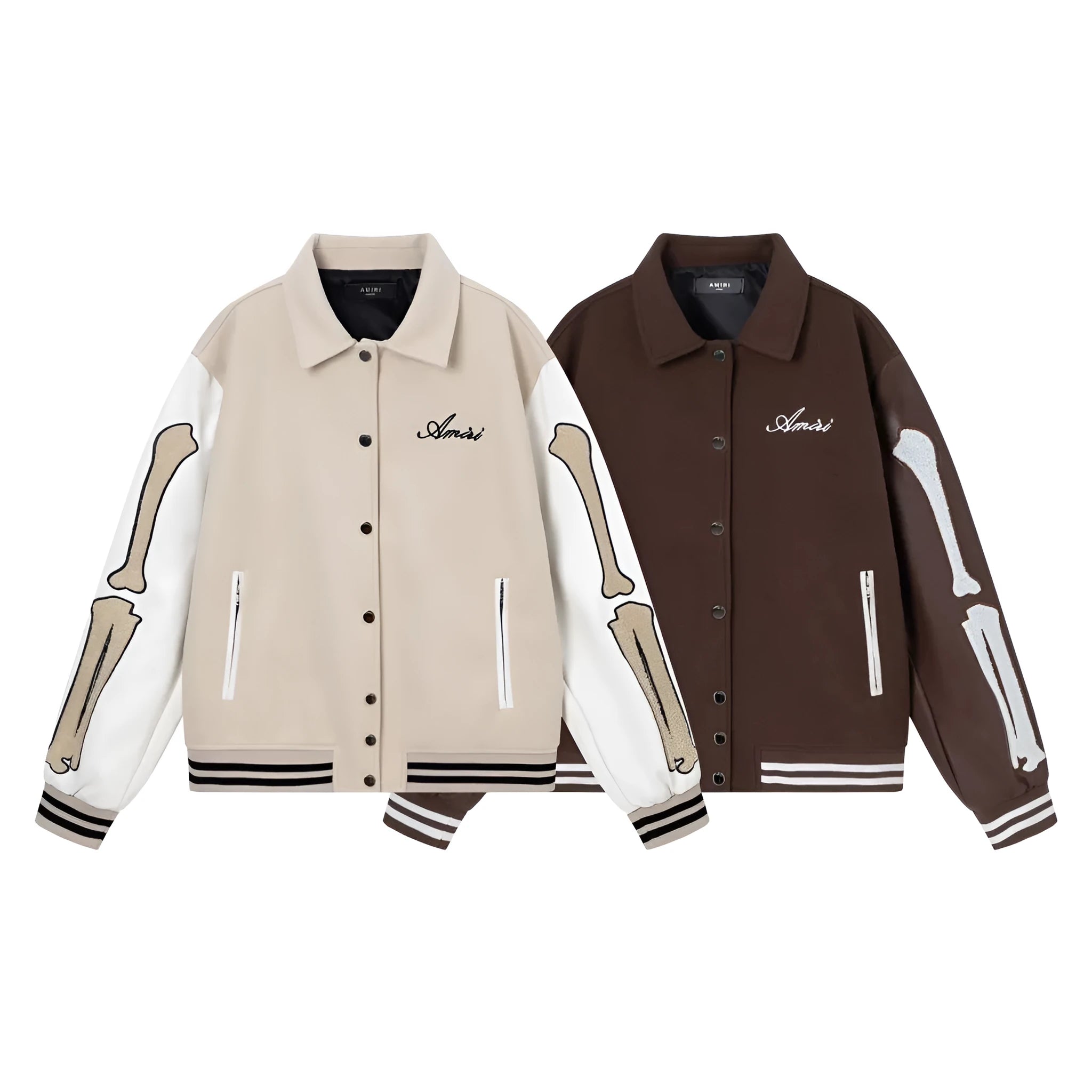Apricot and brown woolen jacket with embroidered bone pattern detail on front.