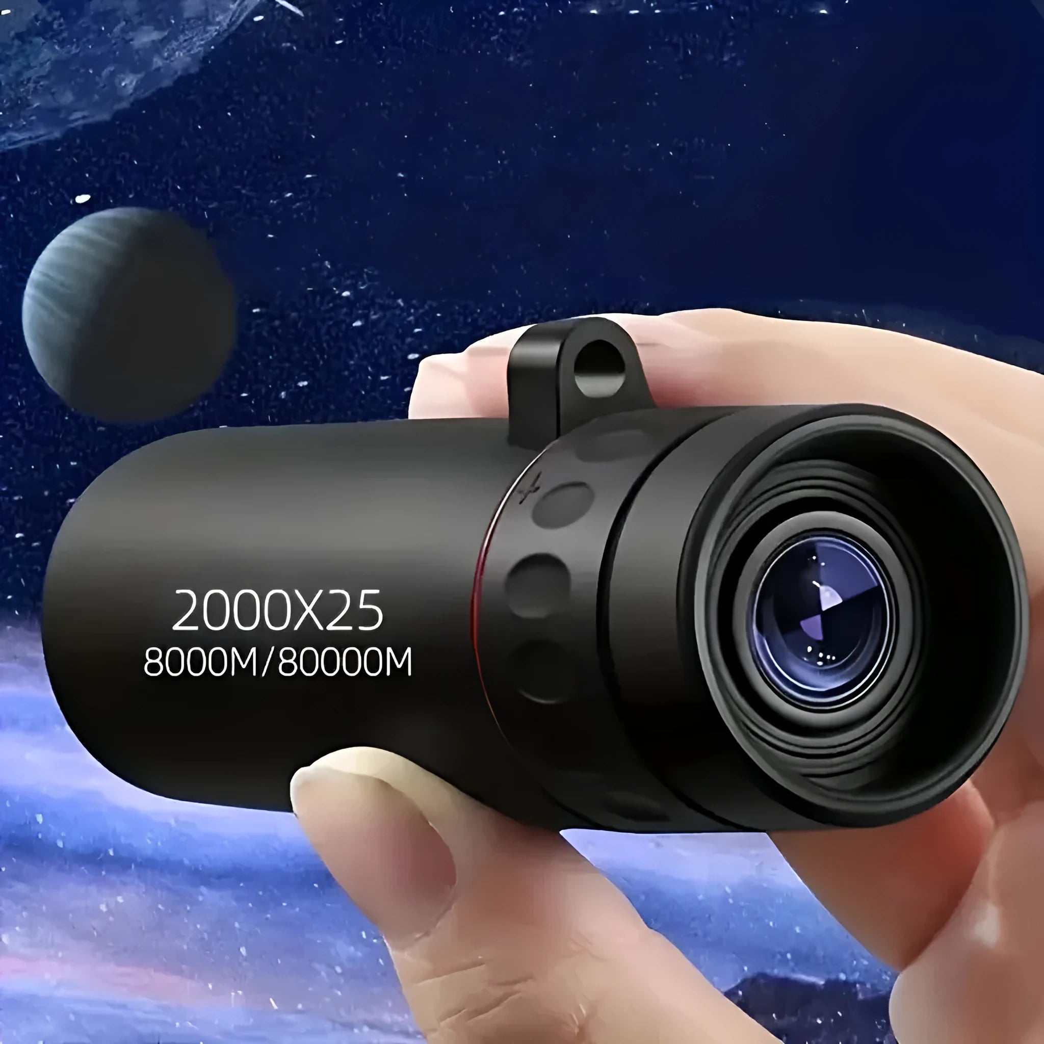 Black monocular telescope with rubber exterior and mobile phone attachment holder