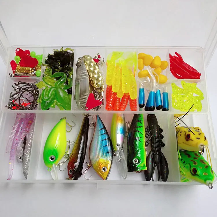 142-piece fishing lure set showing hard mino lures, sequins, fishhooks, and fishing pliers arranged together