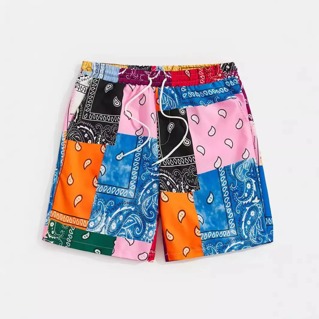 Men's mesh beach shorts in thin polyester fabric showing simple printed design