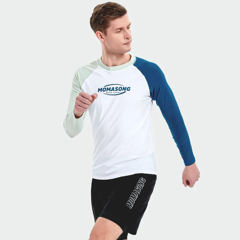 Men's white long-sleeved swim top with matching blue swim trunks for beach sports