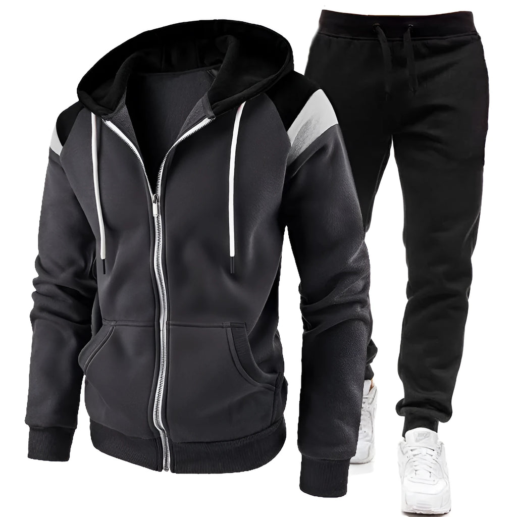 Men's polyester zip-up hoodie sweatshirt set in gray with matching trousers, front view