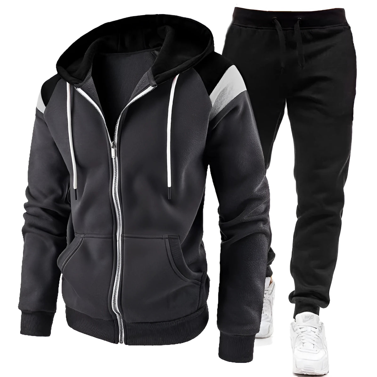Men's polyester zip-up hoodie sweatshirt set in gray with matching trousers, front view