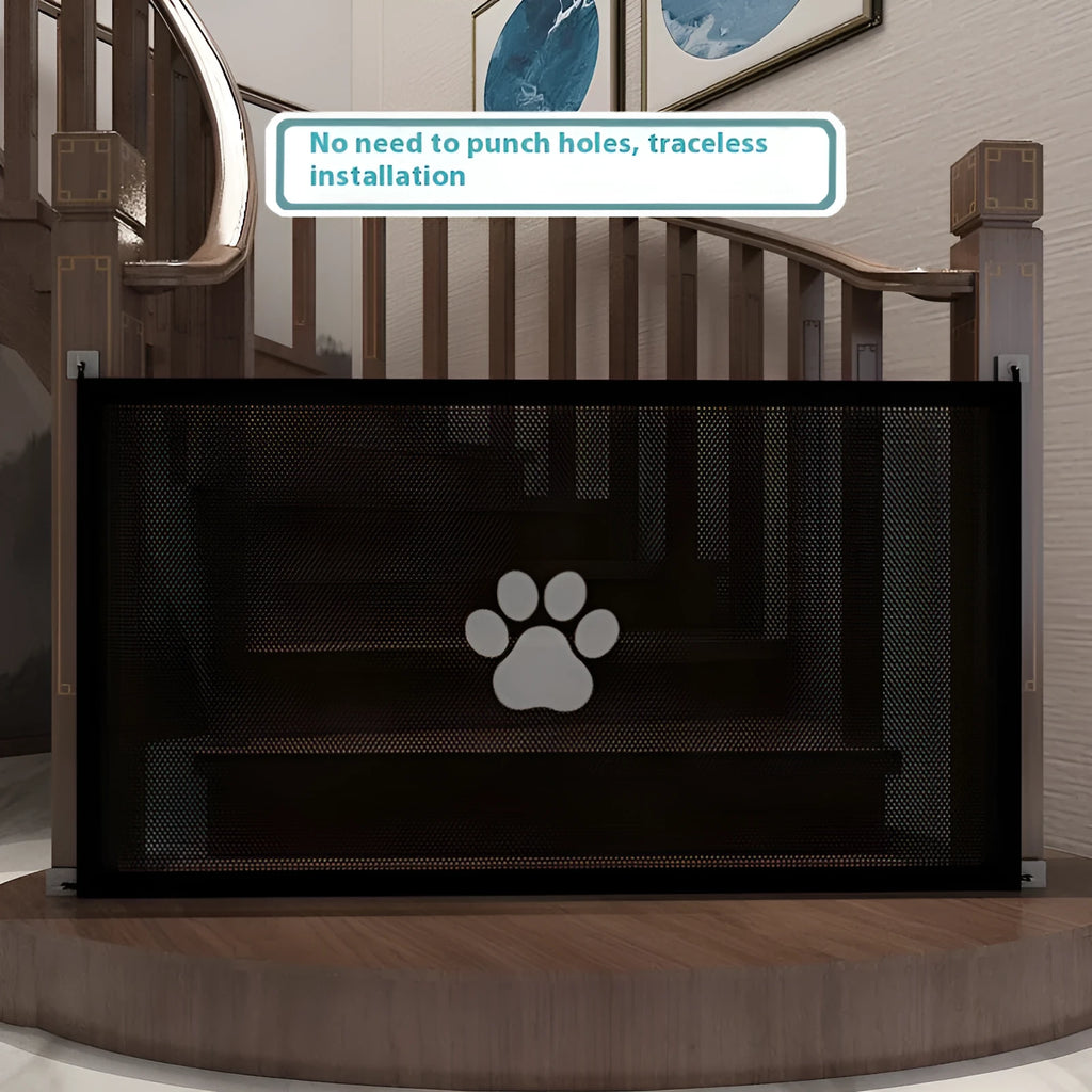 Portable folding cloth dog barrier net with plastic rod doorsill in black or white dog footprint design.