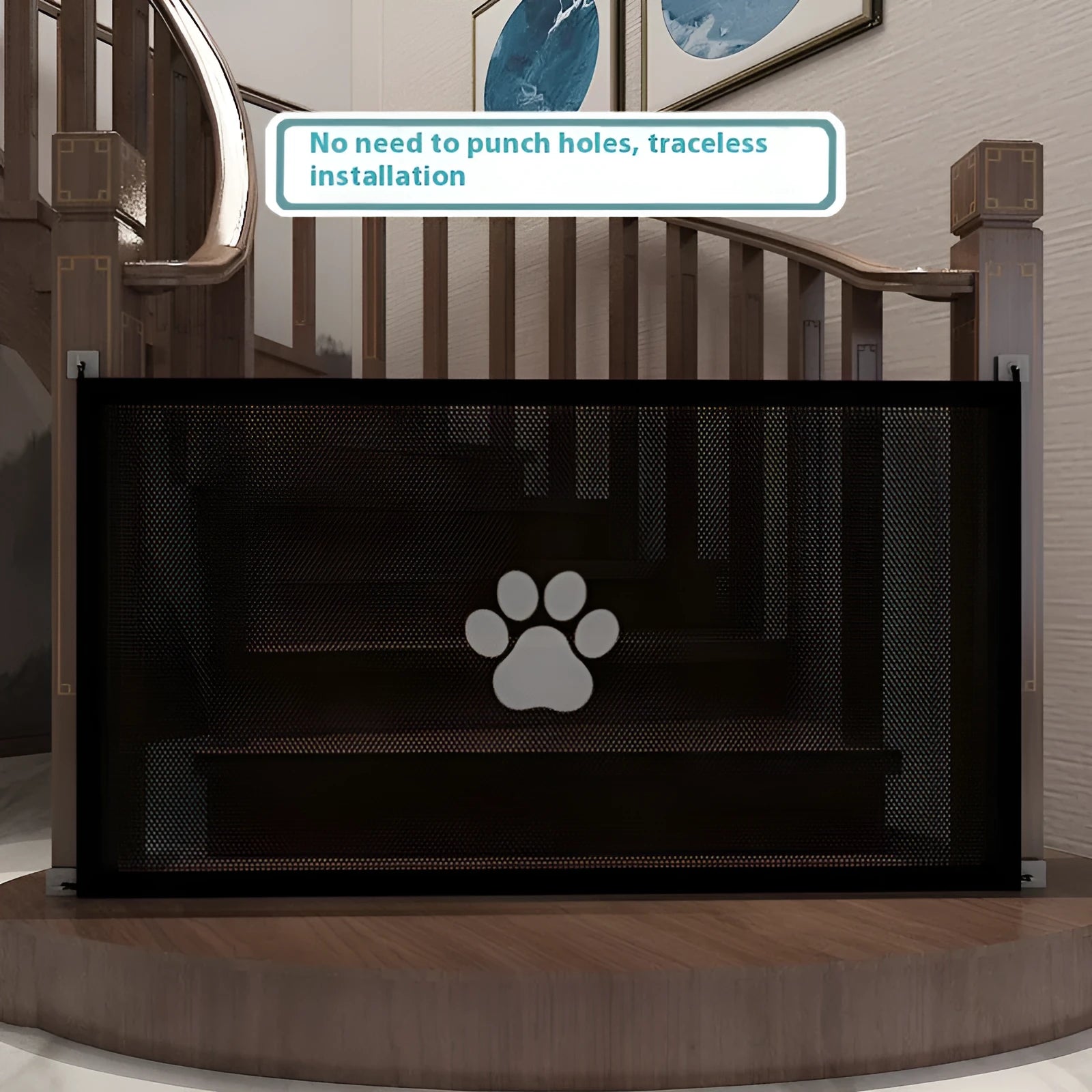 Portable folding cloth dog barrier net with plastic rod doorsill in black or white dog footprint design.