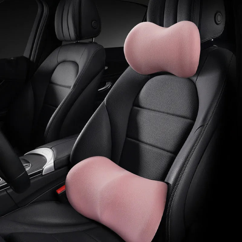 Car seat headrest and lumbar support pillows in black, grey, pink, green, and yellow colour options