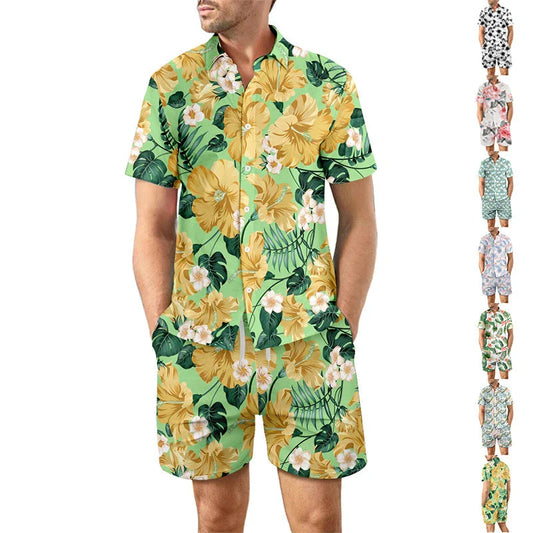 Stylish printed beach outfit with short sleeve shirt and drawstring shorts for men