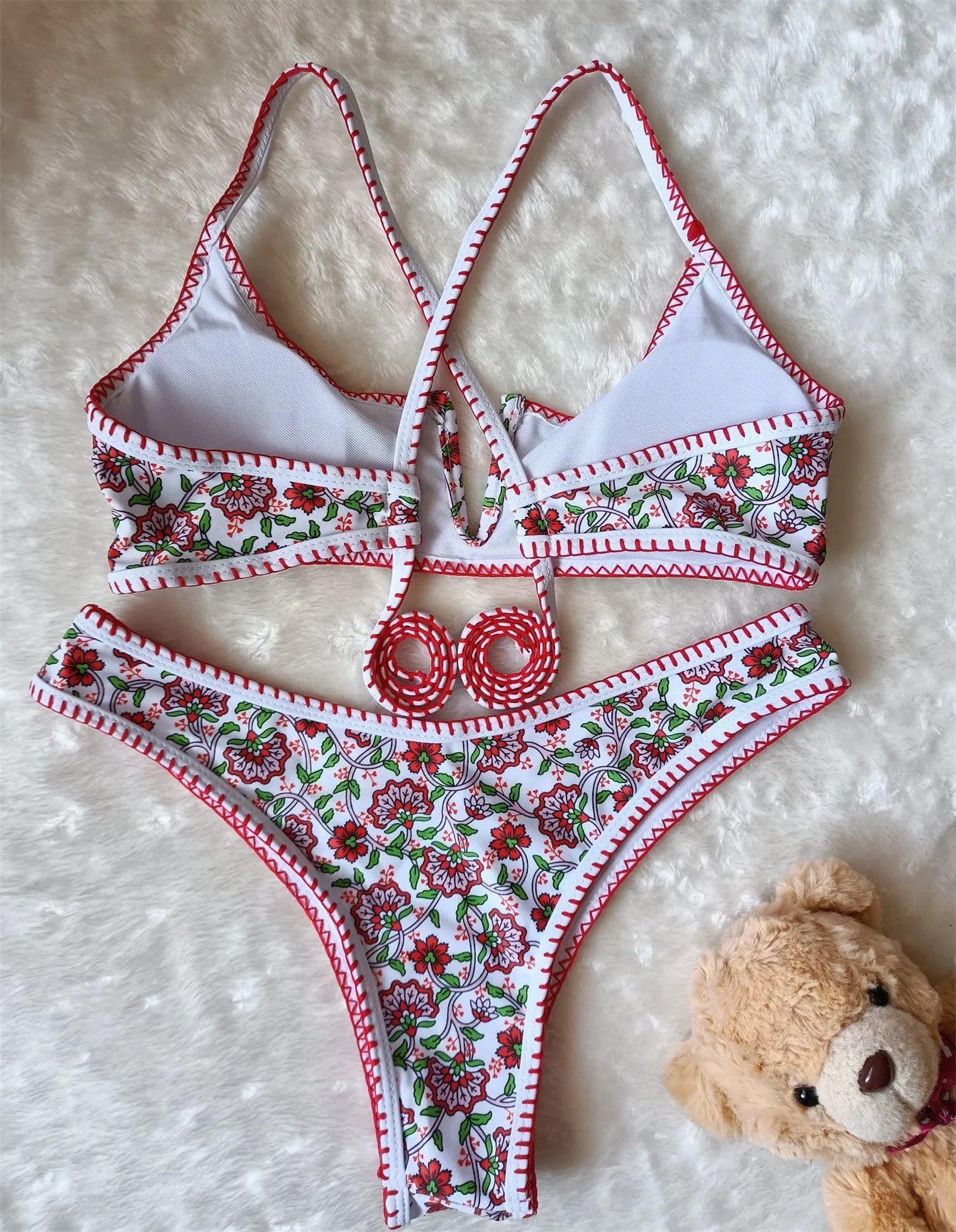 Women's V-neck one-piece swimsuit with floral print in quick-dry polyester fabric