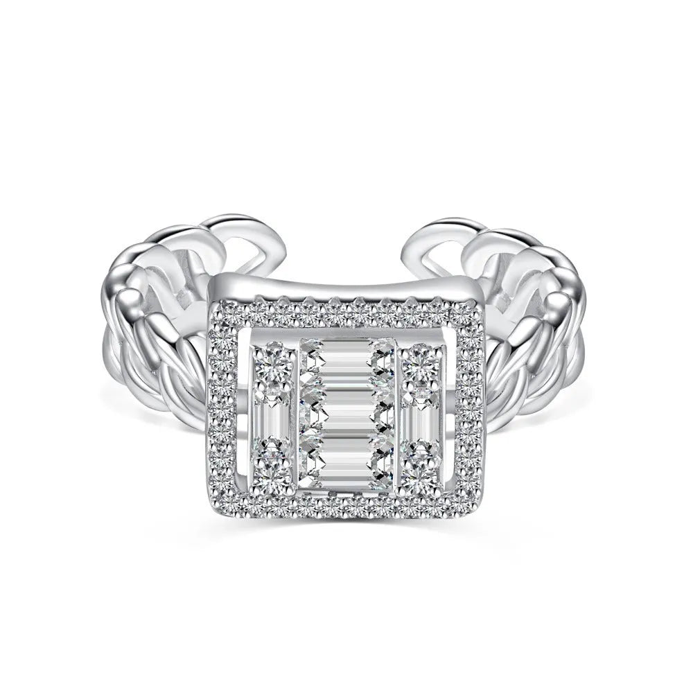 S925 sterling silver women's open ring with belt chain design and full diamond inlay, platinum white diamond colour