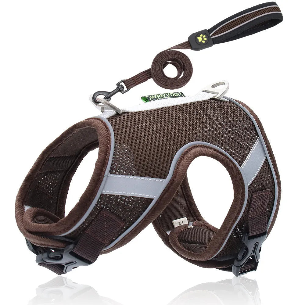 Adjustable reflective dog breast strap harness in solid colour, polyester fibre mesh, with rope handle
