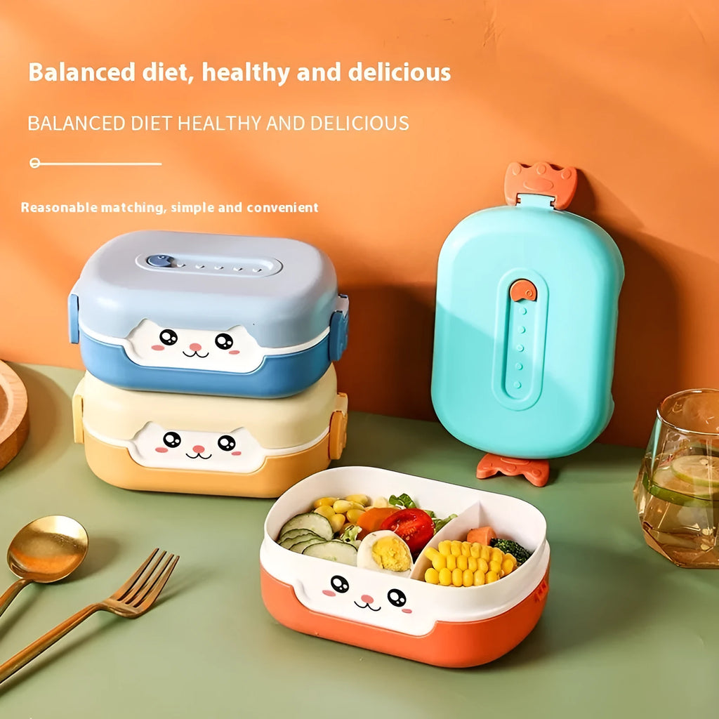Square divided plastic lunch box in dark blue, orange yellow, and pink and green colour options