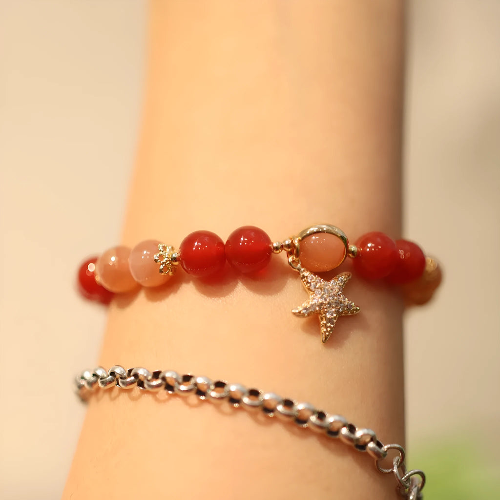 Handmade red agate and Sunstone bracelet with 8mm beads, star design, and ethnic Xiangyun patterning