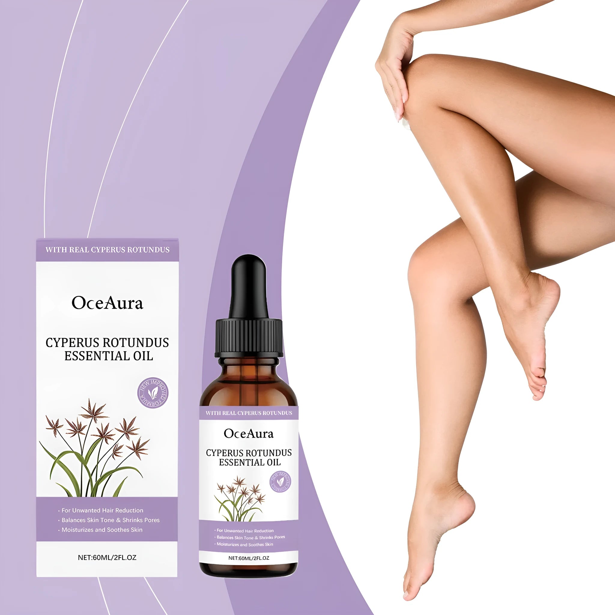 60ml bottle of fragrant hair removal treatment oil with aconite, mint, and lemon extracts