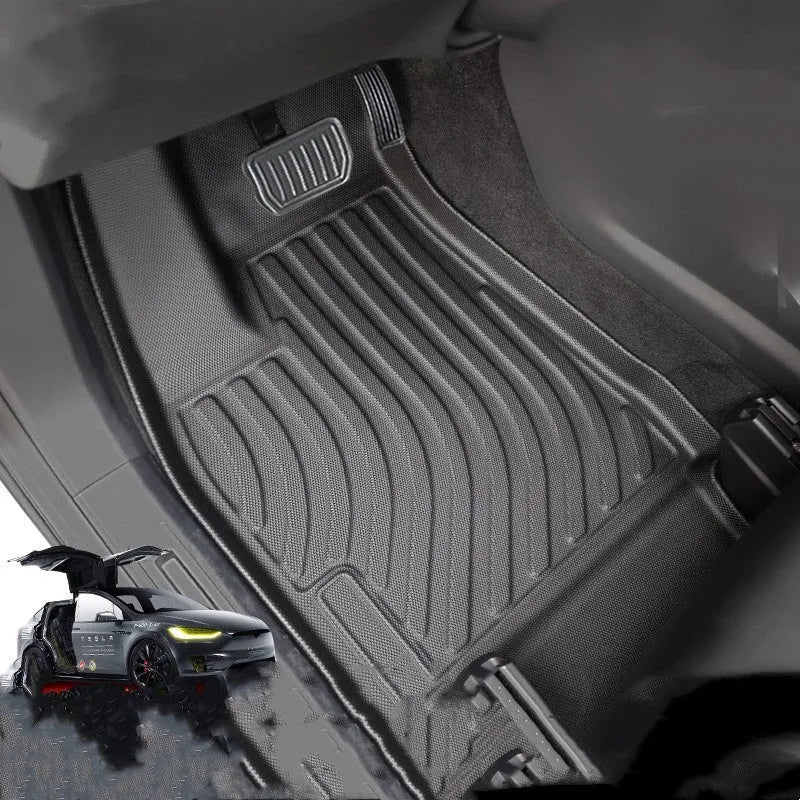 Tesla Model X TPE rubber waterproof car mat set for footwell and tailbox protection.