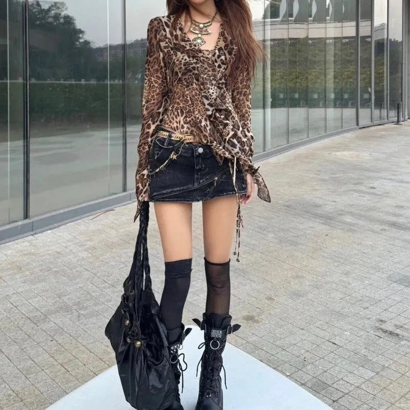 Leopard print V-neck long sleeve slim fit polyester top for women with tie front