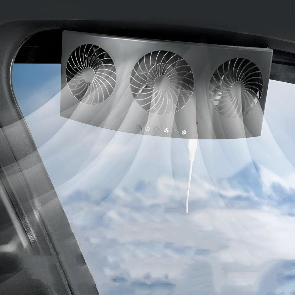 Black and white car ventilation fan unit with USB cable for dashboard exhaust odour removal