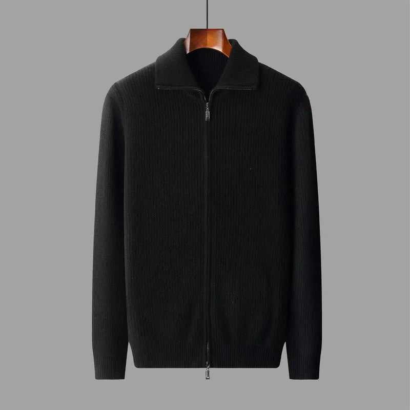 men's wool zipper cardigan fall winter lapel shirt coat pure wool knitted jacket long sleeve standard wool dark gray black S M L XL XXL 3XL adult male youth casual wear daily use cold season office layering piece non-iron finish