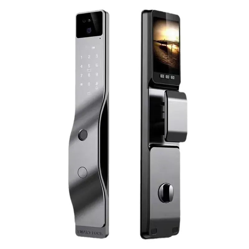 Aluminium alloy smart door lock with face recognition camera, fingerprint sensor, keypad, and F7 intercom screen