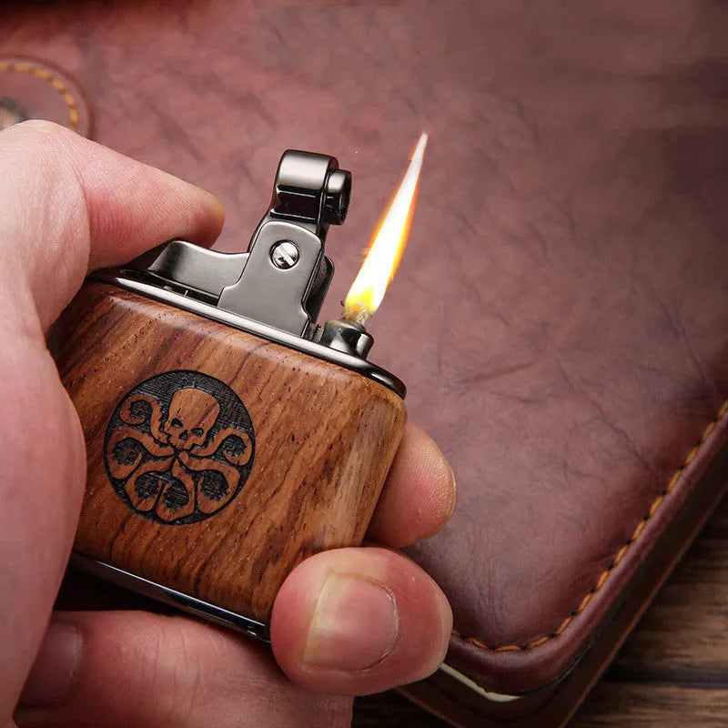 Vintage wooden kerosene lighter with retro cotton oil mechanism, 53x50x20 mm, in gift box