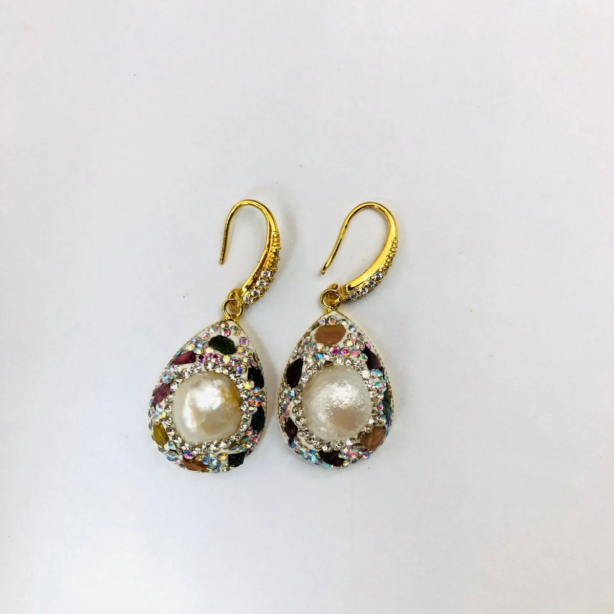 Natural freshwater pearl teardrop earrings for women with copper setting and colourful diamond inlay