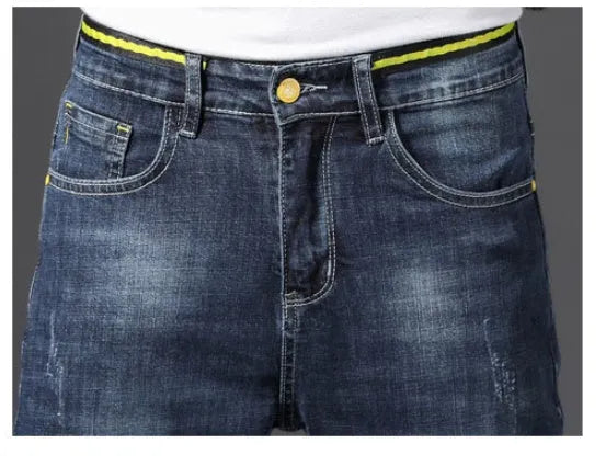 Men's stretch cotton jeans straight leg cropped Korean style blue grey washe