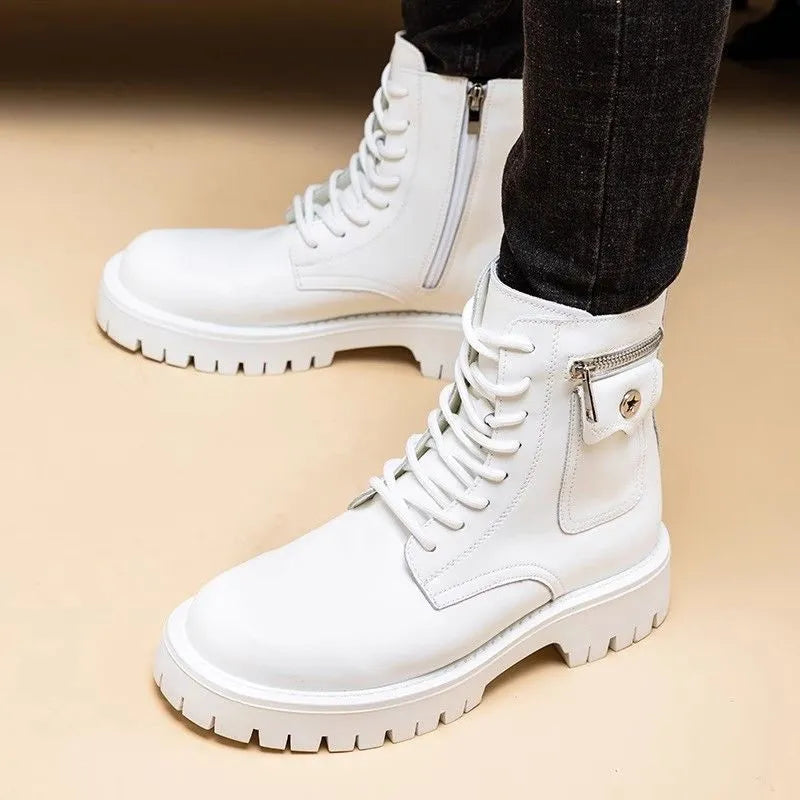 Men's Martin PU leather high-top boots with buckle fastening in black colour
