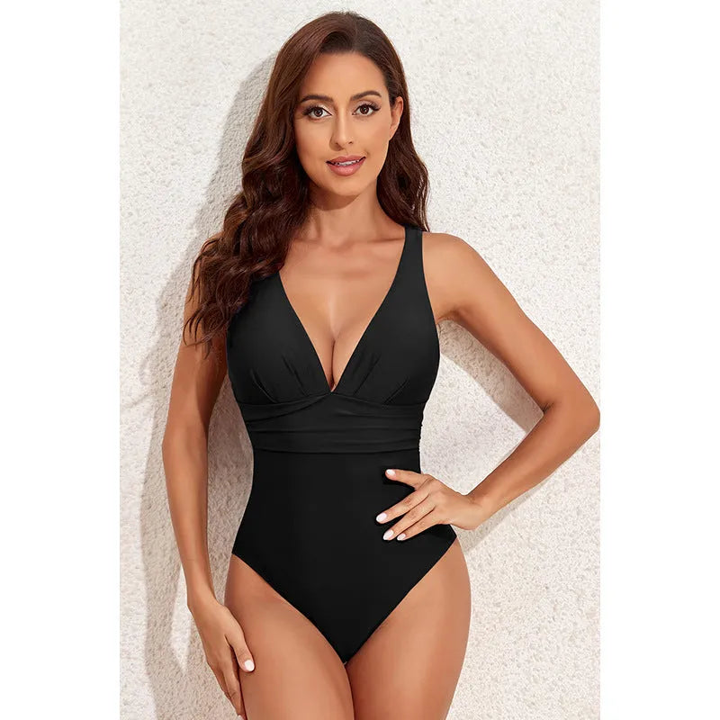 Women's minimalist cross shoulder one-piece swimsuit in solid colour nylon