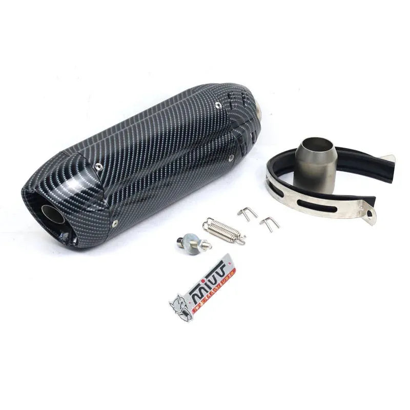 Stainless steel motorcycle exhaust modification kit showing 51mm interface and hexagonal muffler design