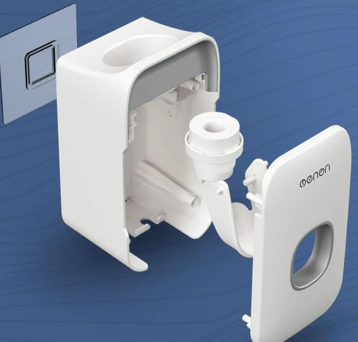 Automatic wall-mounted toothpaste dispenser in blue, grey, or pink ABS plastic with electric pump