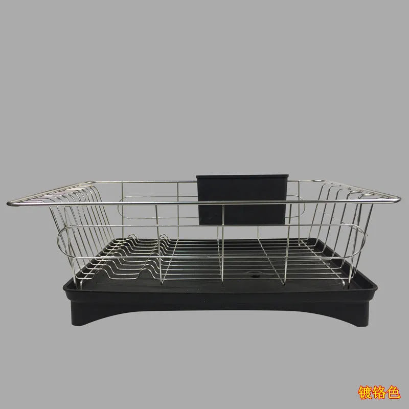 Stainless steel dish drying rack with black plastic drain board and cutlery holder