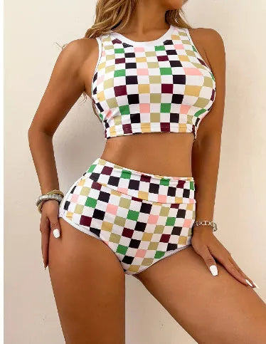 Checkered racing one-piece swimsuit with backless design and suspender straps