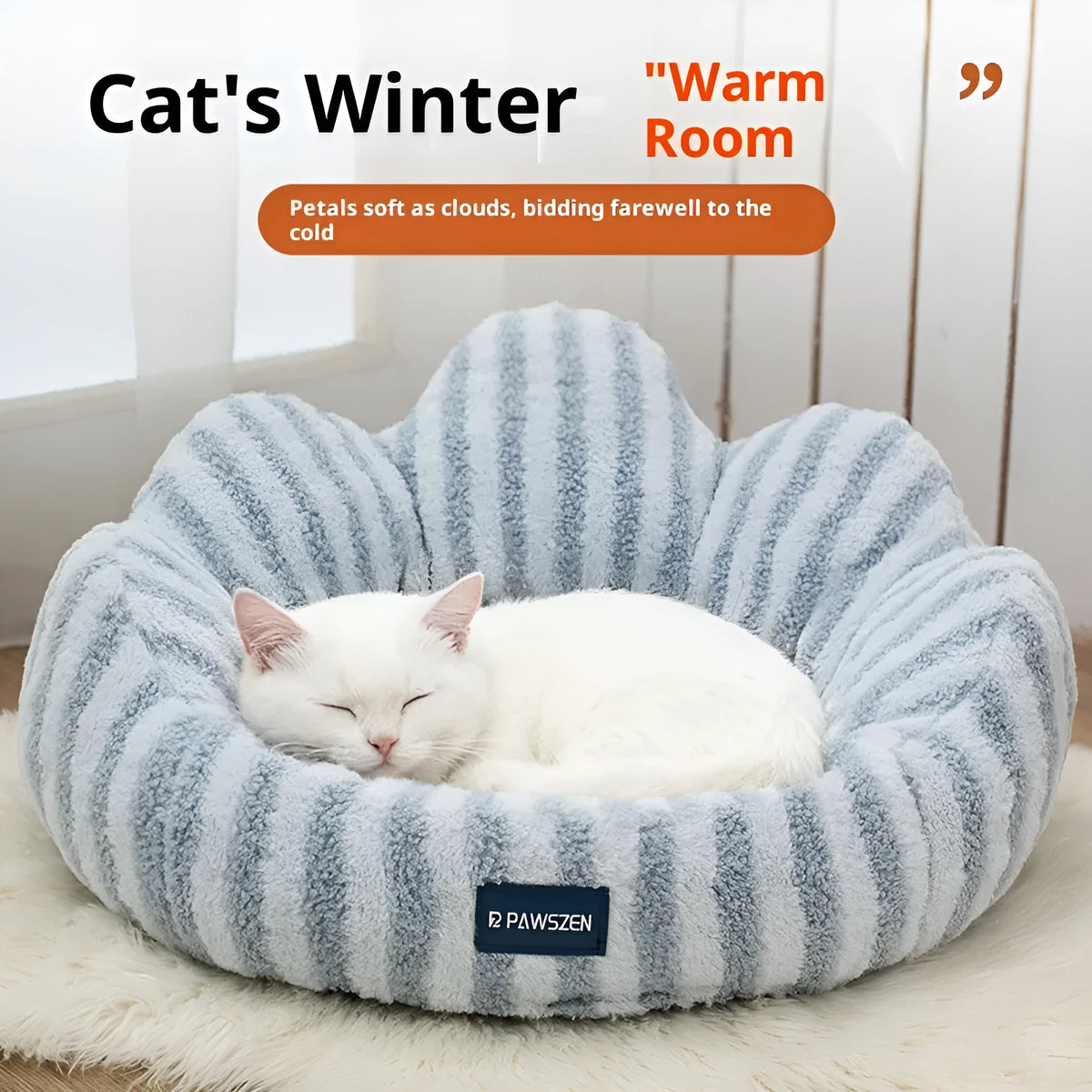 Petal cat nest thickened warm kennel in light blue or coffee striped flower nest, sizes small medium large