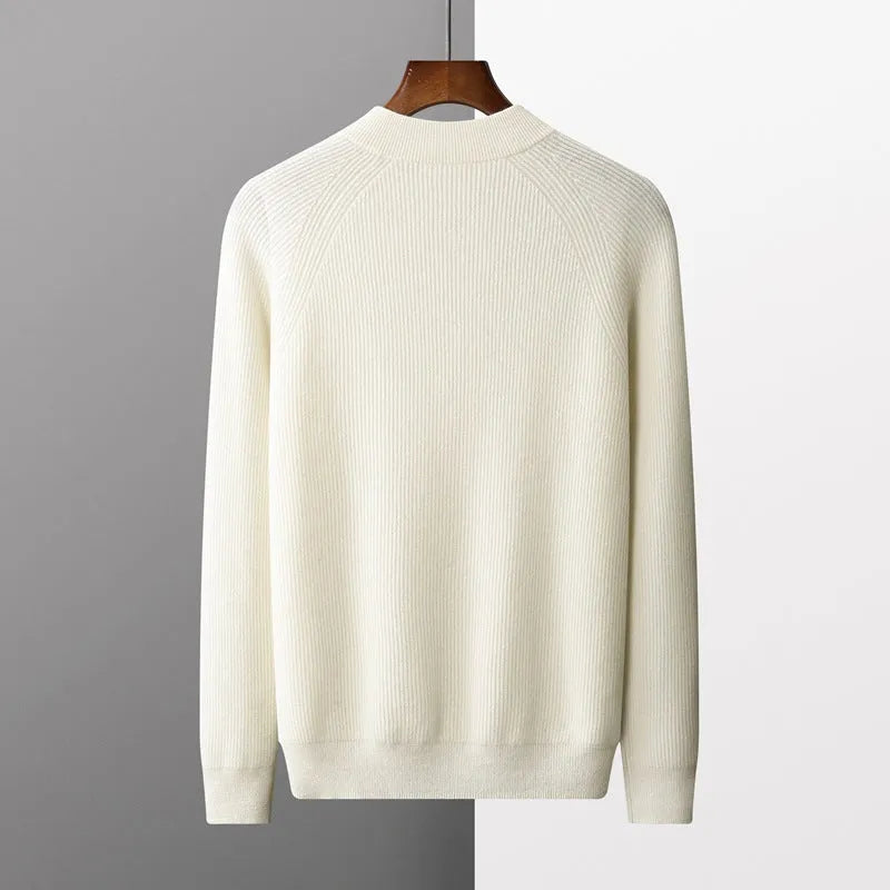 Oversized thick knitted pullover sweater with half-height cardigan collar in dark blue, loose fit