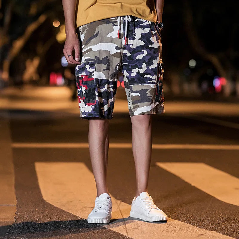 Men's loose fit camouflage five-point cotton trousers, mid-rise waist, available in sizes M to 5XL