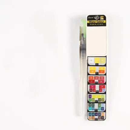 Foldable fan-shaped solid watercolour paint set in transparent plastic box with fountain pen palette and sponge