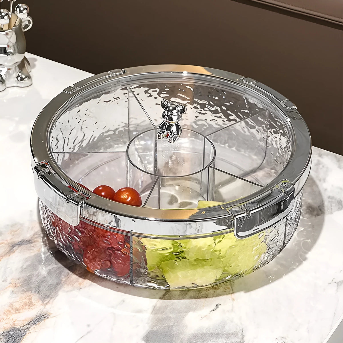 Sealed plastic candy box with lid in milk silver, transparent silver or transparent grey silver, holding dried fruit or sweets.