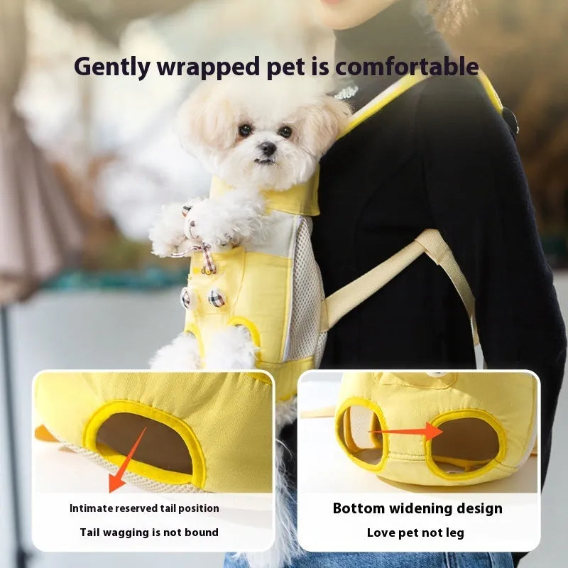 Cartoon pet chest carrier bag with animal pattern in soft canvas material with adjustable straps