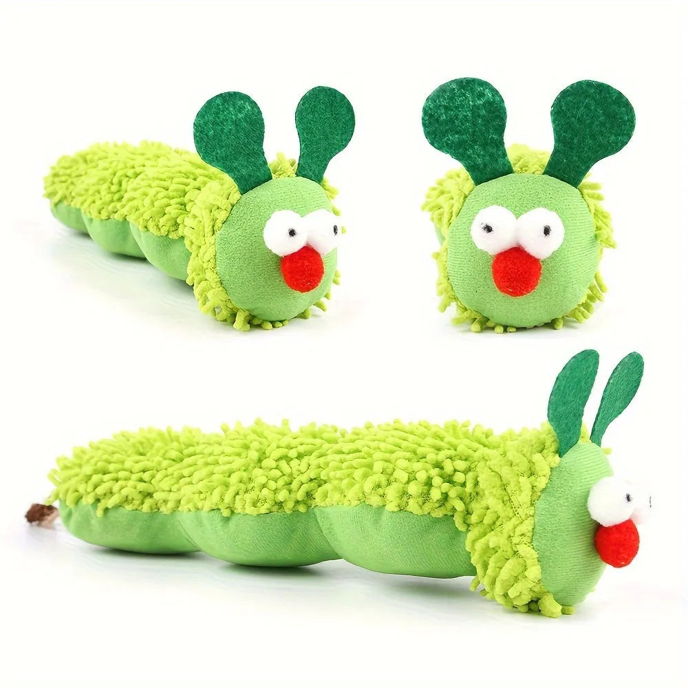 Green interactive plush cat toy pillow measuring 24cm long with electronic rechargeable mechanism