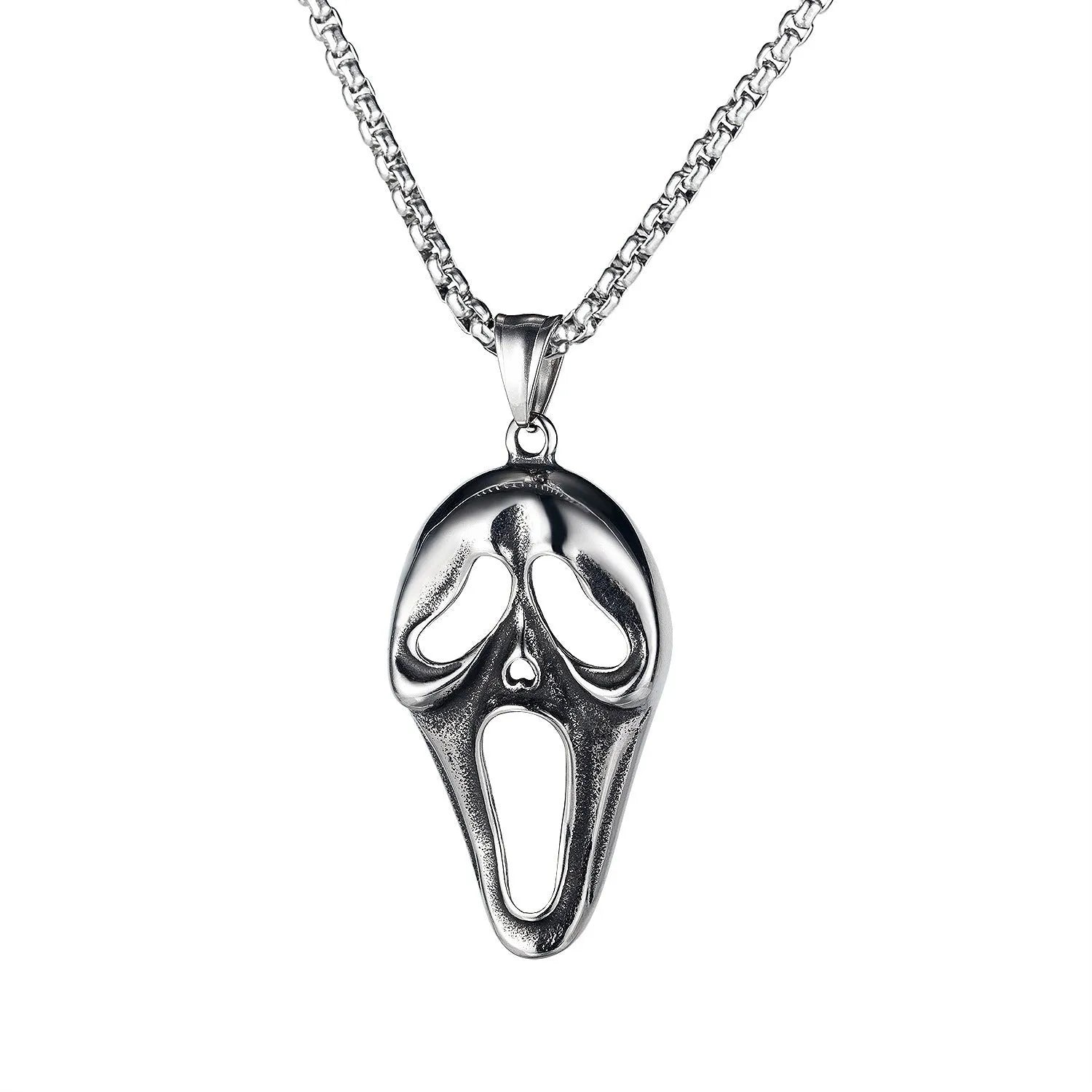 Men's silver stainless steel necklace with alloy pendant in skull, dagger, sun or other design