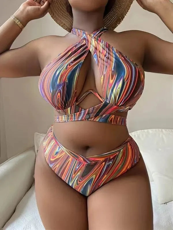 Women's floral pattern high waist bikini swimsuit in plus sizes