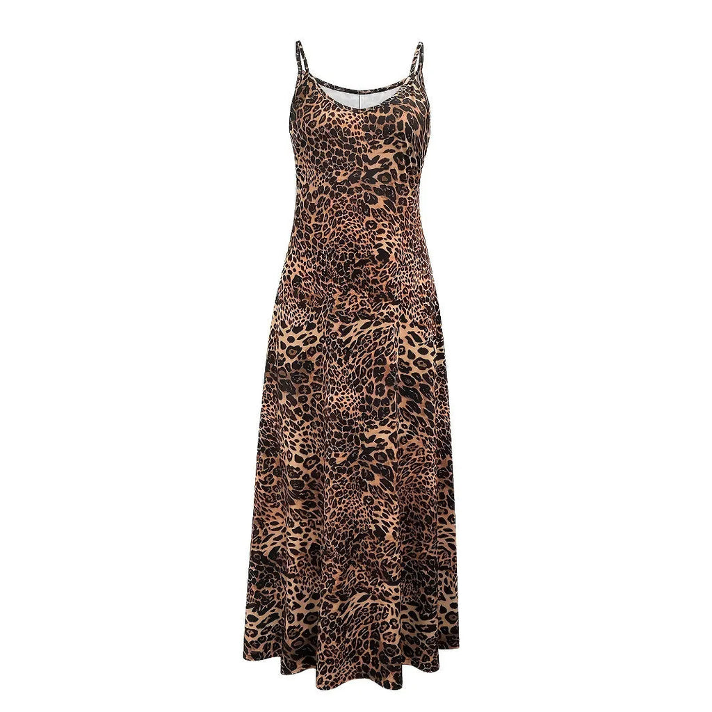 Dark brown leopard print women's dress with round neck, sleeveless design, and long hip skirt.