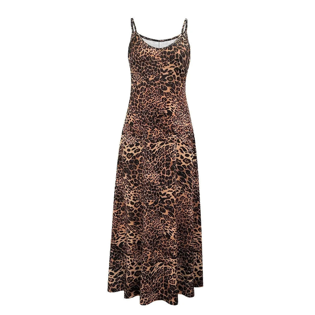 Dark brown leopard print women's dress with round neck, sleeveless design, and long hip skirt.