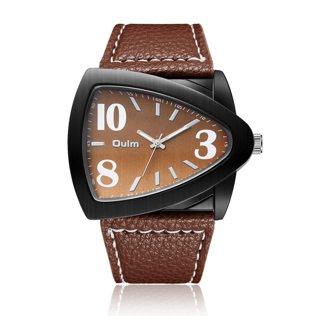 Men's casual watch with a geometric triangle-patterned strap and slim case, shown in brown, black, and blue colour variants.