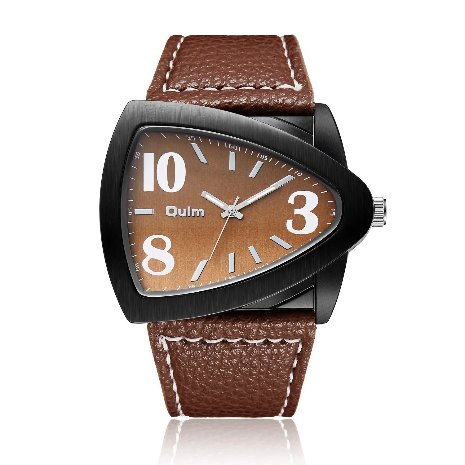 Men's casual watch with a geometric triangle-patterned strap and slim case, shown in brown, black, and blue colour variants.