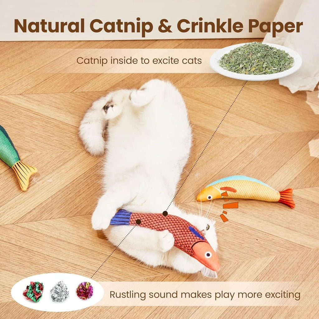 Green plush fish cat toy with organic catnip filling for interactive play and kicking.