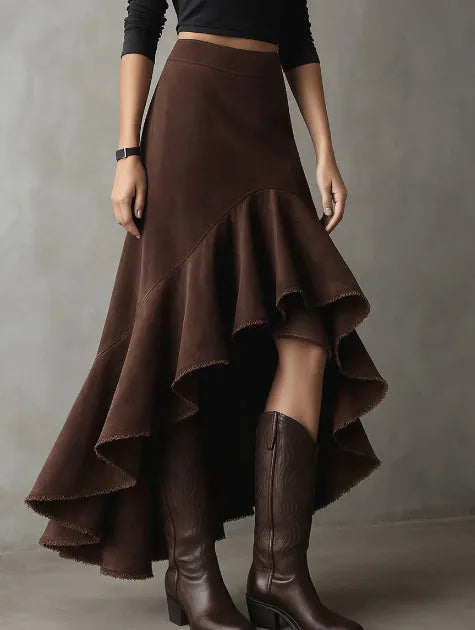 Western brown women's maxi skirt with high-low hem and ruffle trim on eco suede polyester fabric.