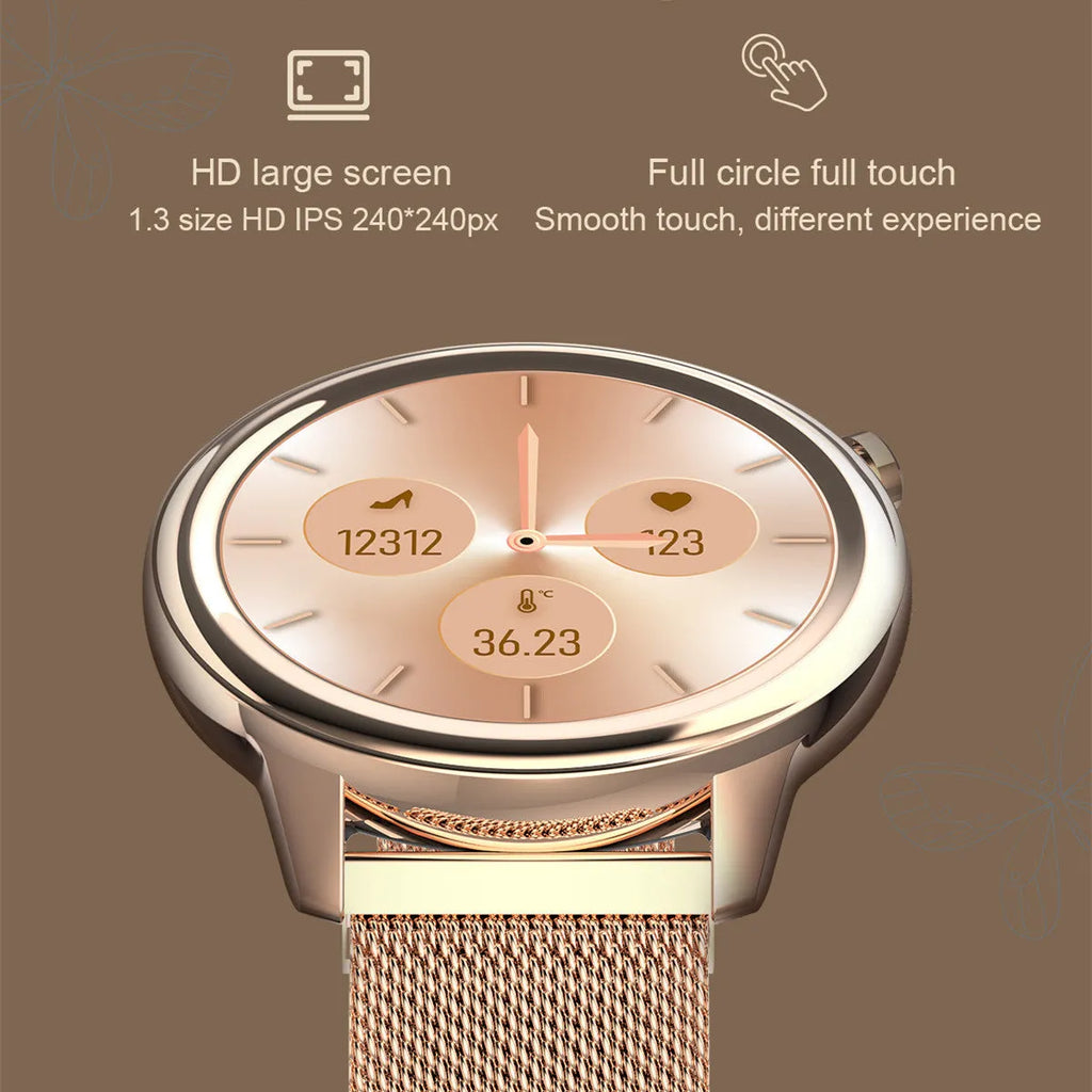 Fashion smart watch with heart rate and blood pressure display on 1-inch glass screen, black steel strap