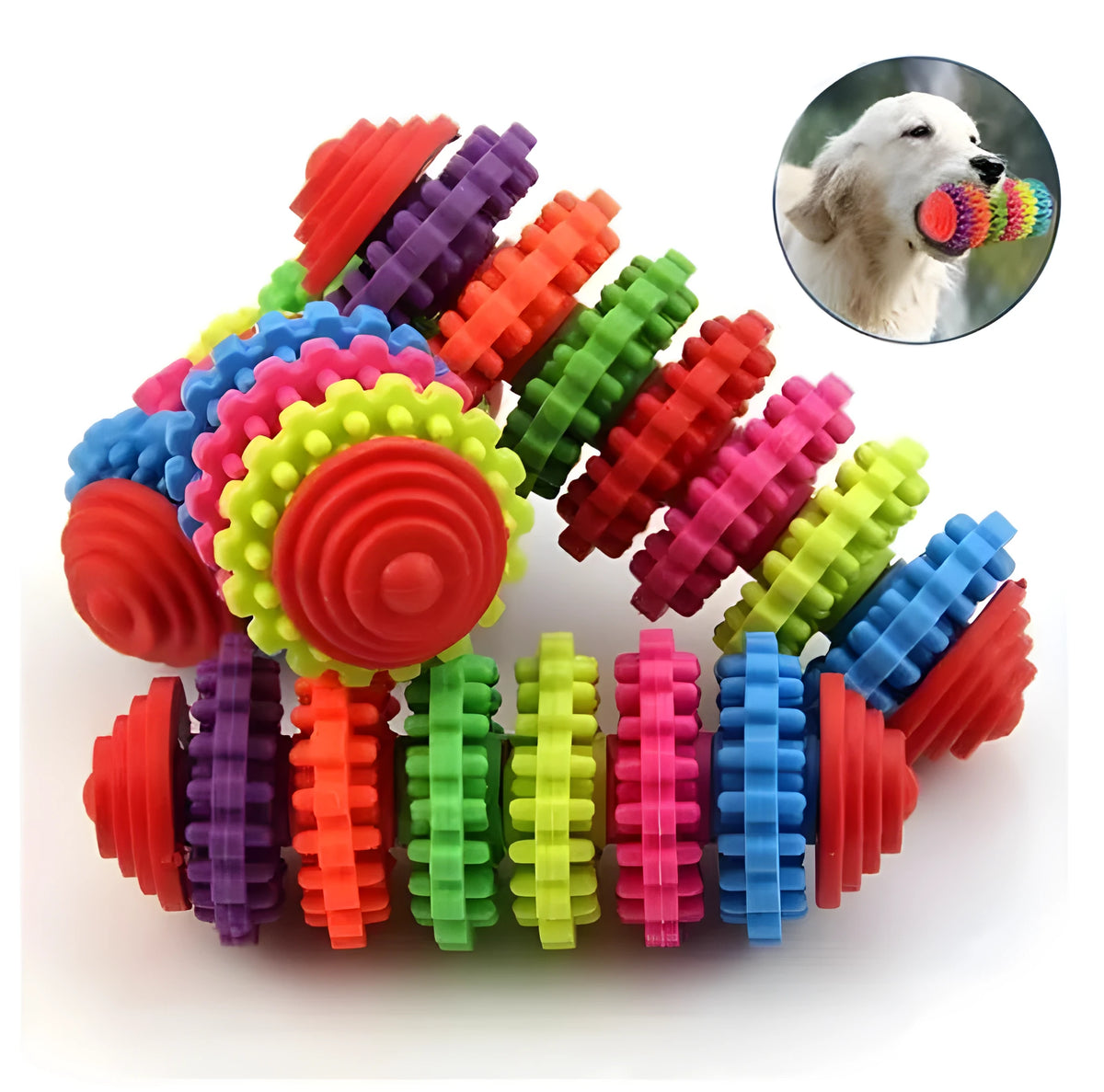 Colorful swivel TPR plastic seven-ring pagoda dog molar toy for teeth cleaning and play